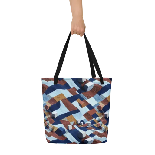 Cobalt Cubism on a Large Tote Bag W/ Pocket