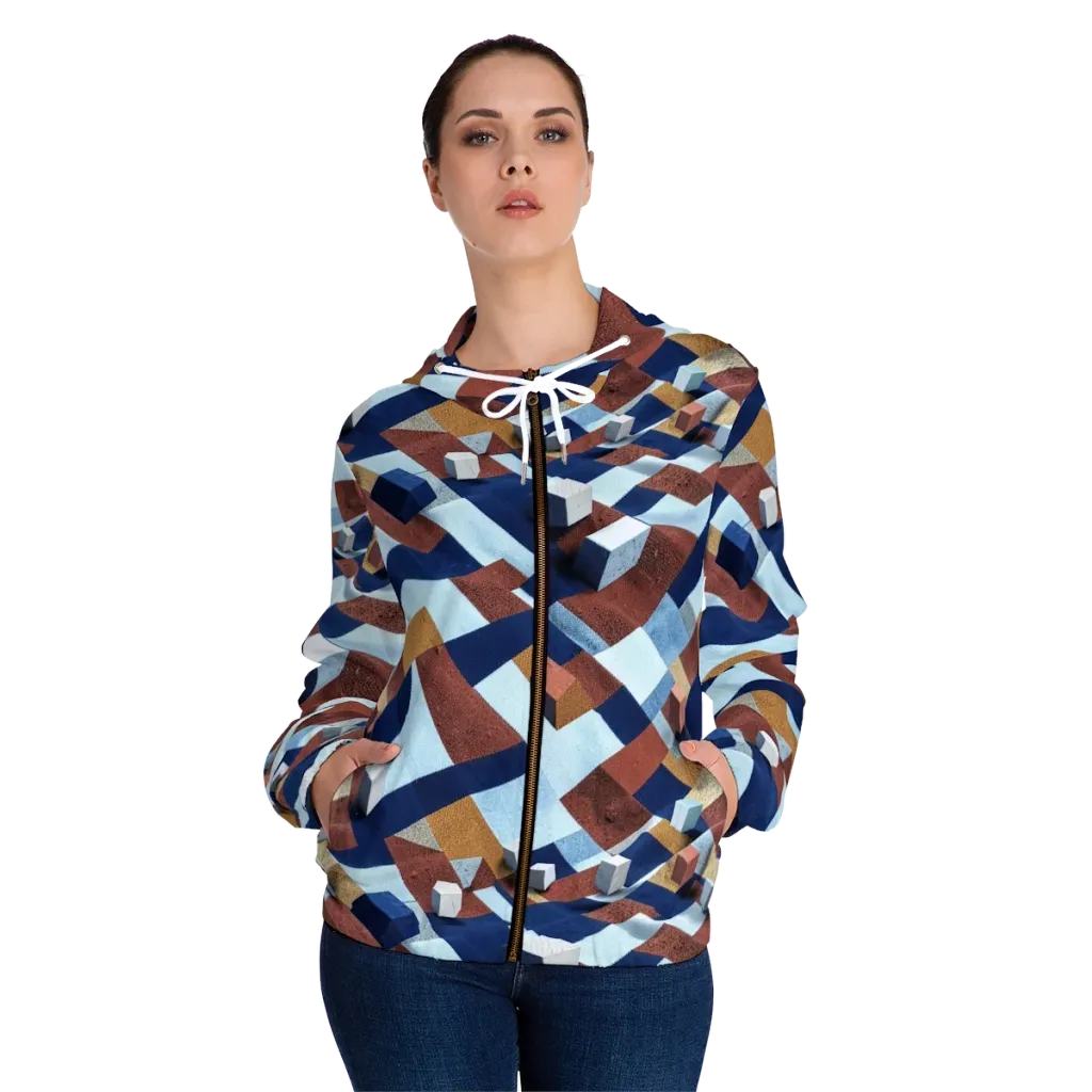Cobalt Cubism on Women's Full-Zip Hoodie — Front On Person