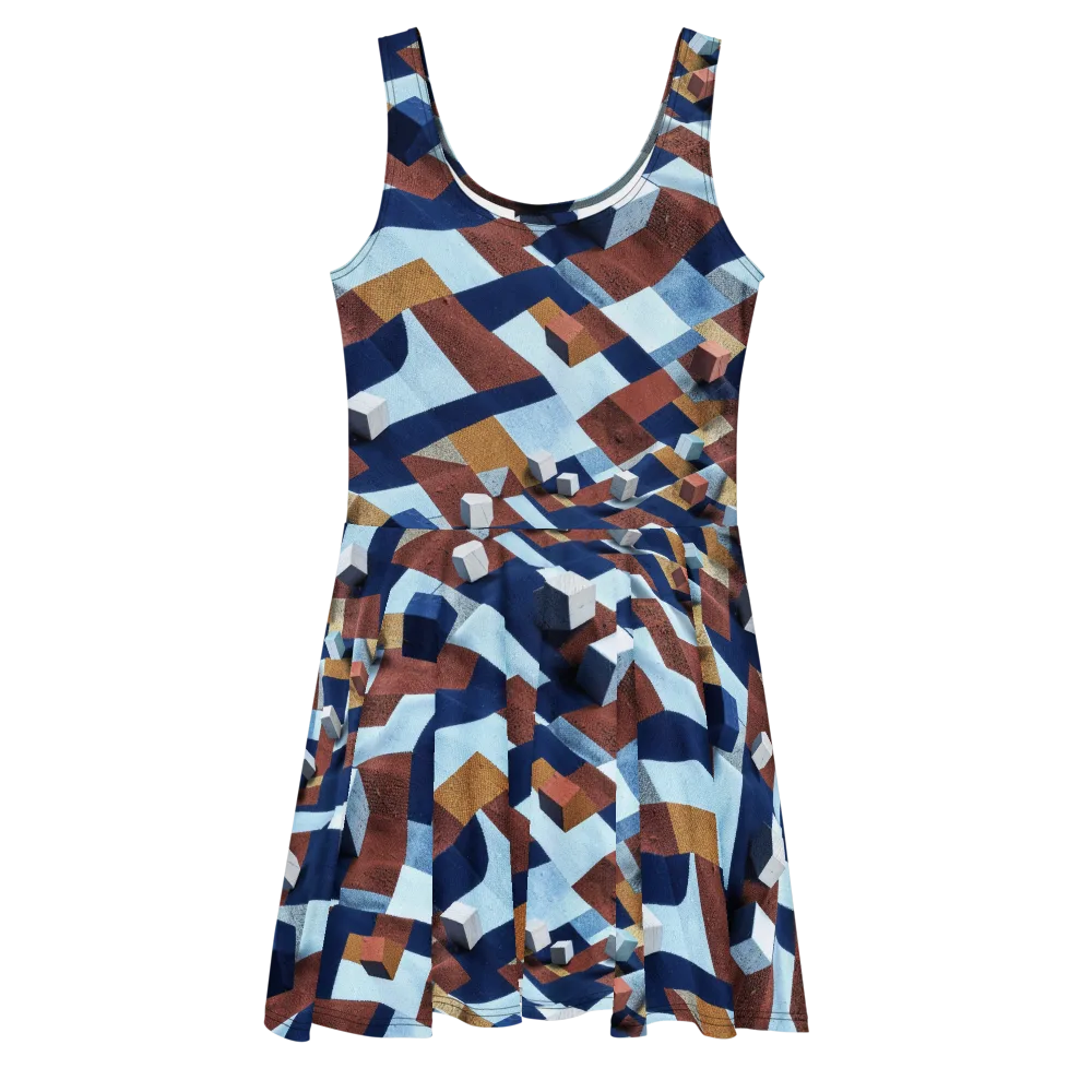 Cobalt Cubism on Skater Dress — Front