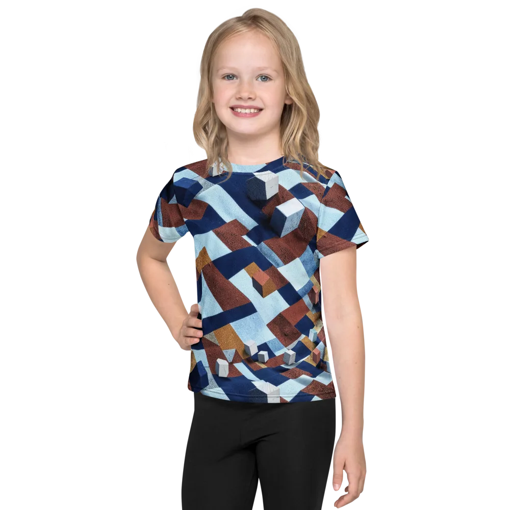 Cobalt Cubism on Kids Crew Neck T-Shirt — Front