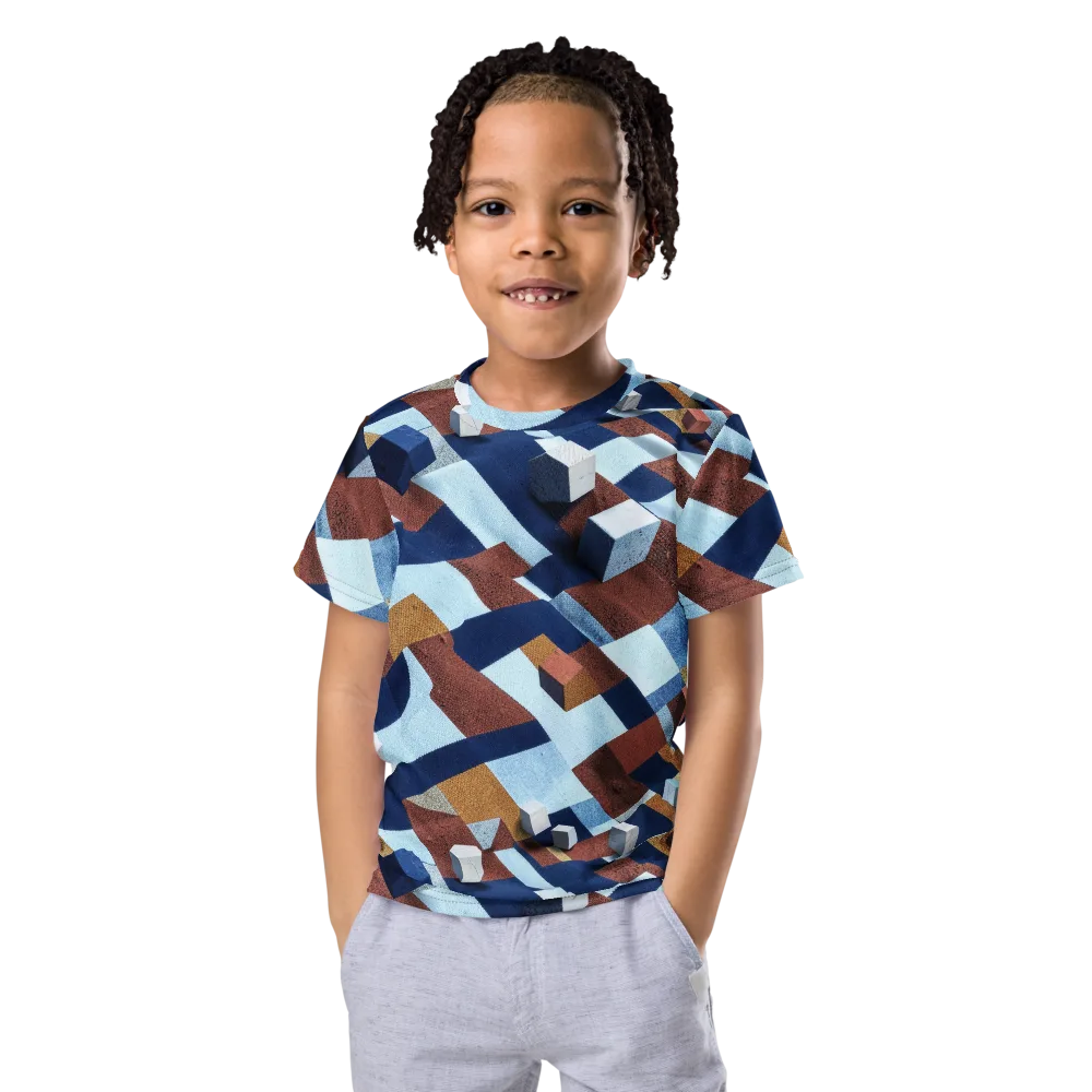 Cobalt Cubism on Kids Crew Neck T-Shirt — Front