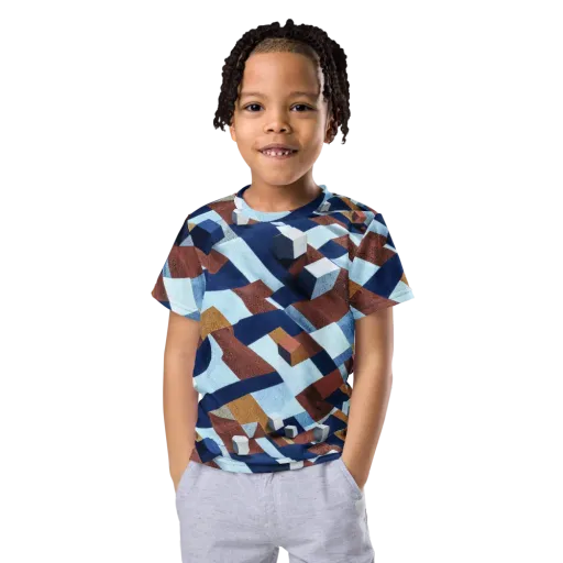Cobalt Cubism on a Kids Crew Neck T-Shirt