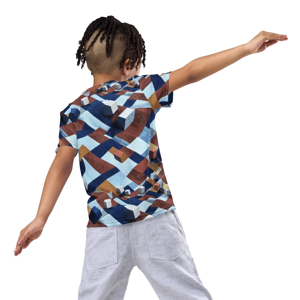 Cobalt Cubism on Kids Crew Neck T-Shirt — Back