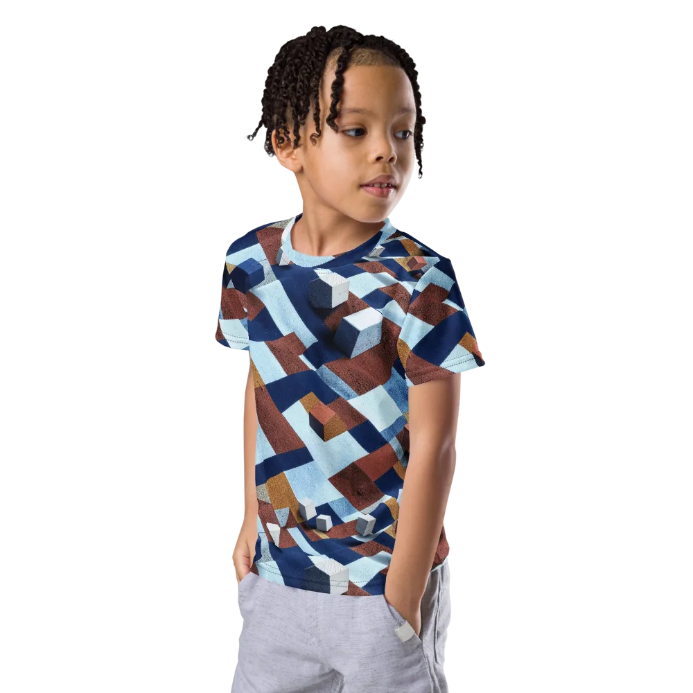 Cobalt Cubism on Kids Crew Neck T-Shirt — Left Front