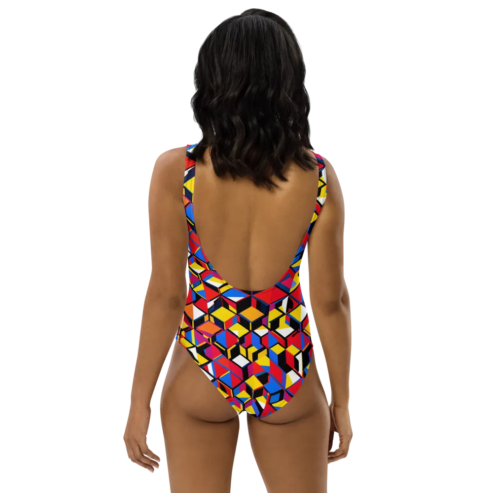 Primary Cubes on One-Piece Swimsuit — Back