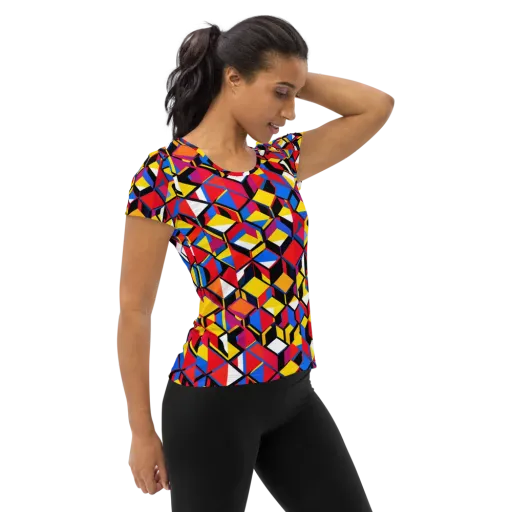 Primary Cubes on a Women's Athletic T-Shirt