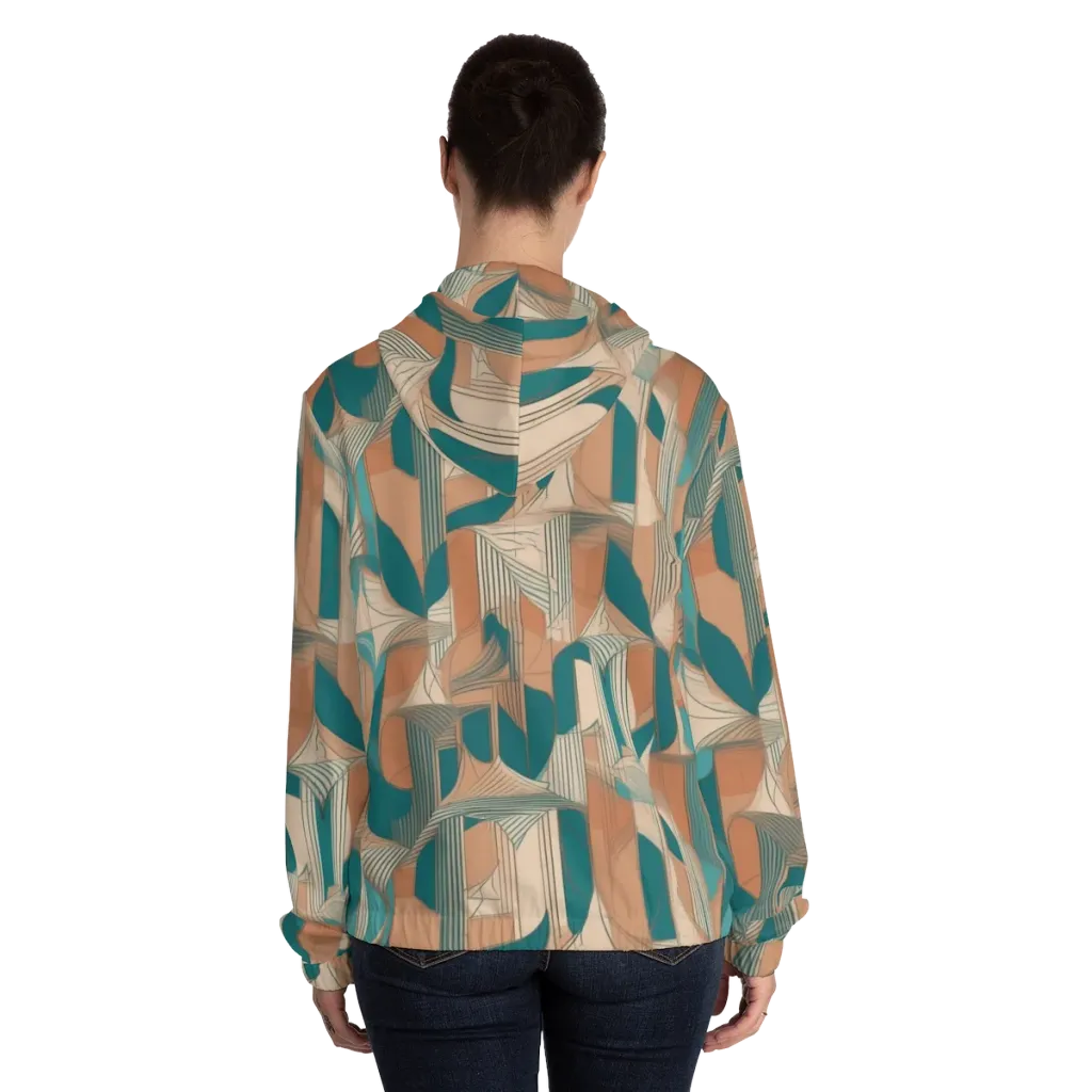 Teal Deco Drapery on Women's Full-Zip Hoodie — Back On Person