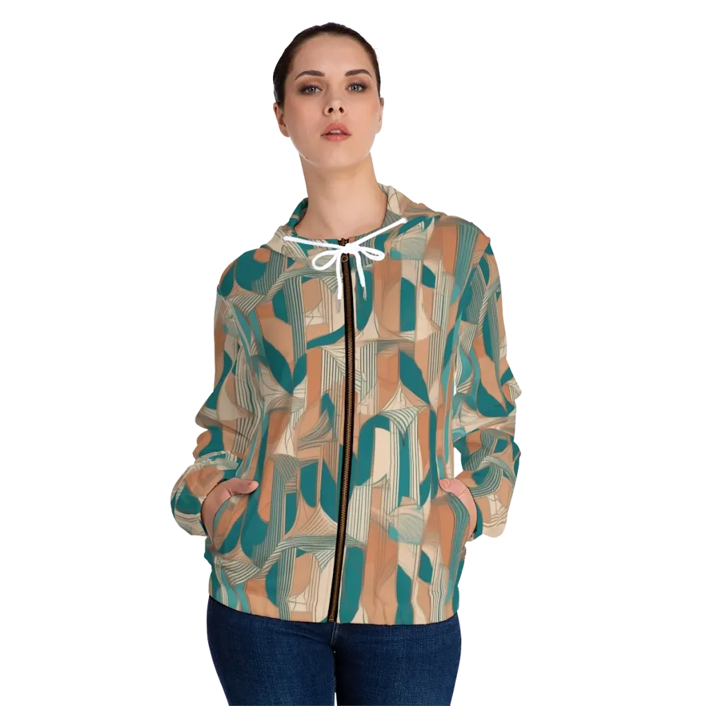 Teal Deco Drapery on Women's Full-Zip Hoodie — Front On Person