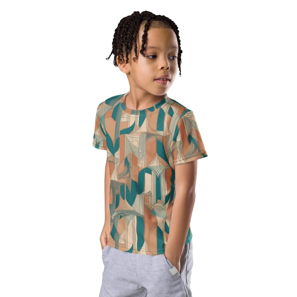 Teal Deco Drapery on Kids Crew Neck T-Shirt — Left Front