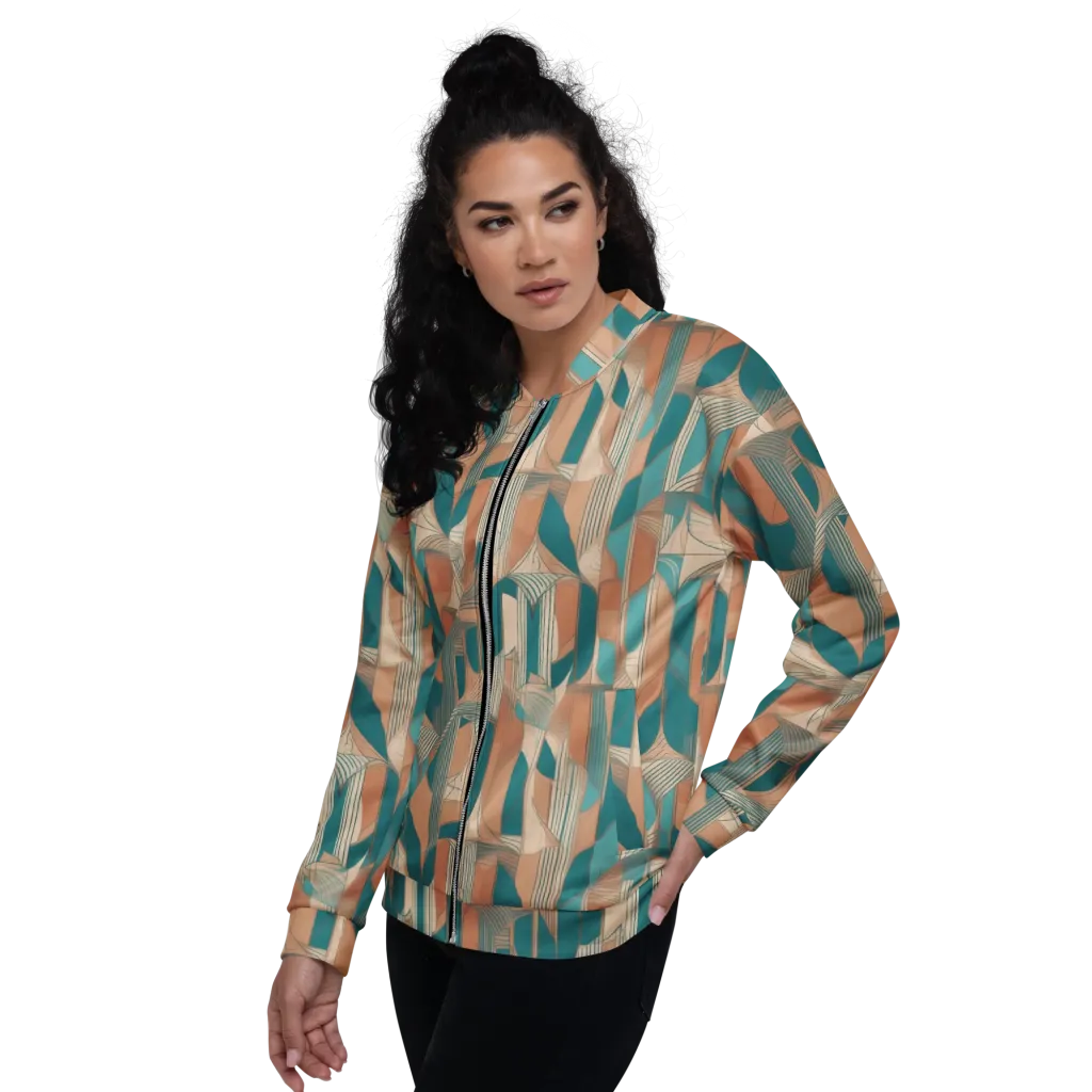 Teal Deco Drapery on Bomber Jacket — Left