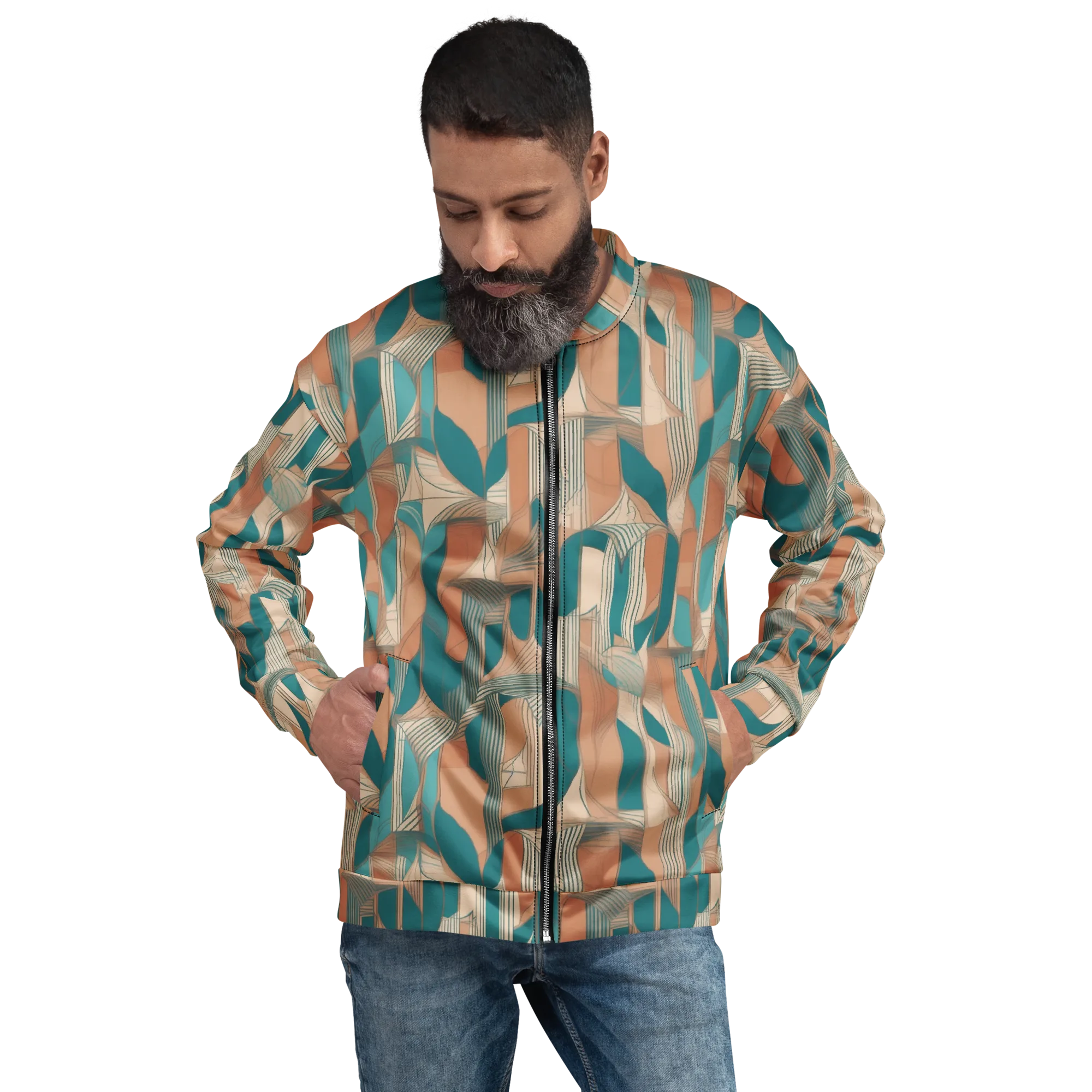 Teal Deco Drapery on Bomber Jacket — Front