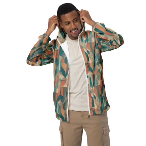 Teal Deco Drapery on a Men's Windbreaker