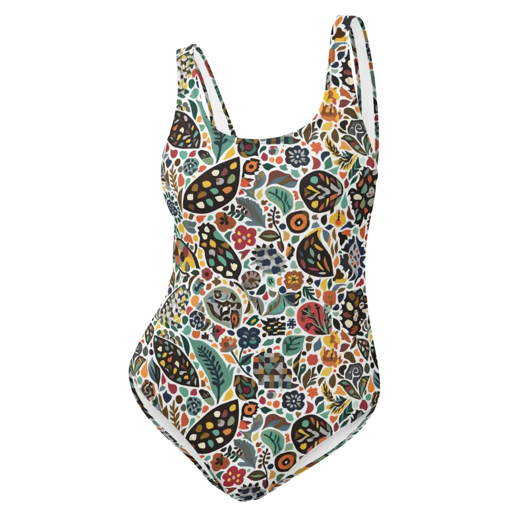 Folk Garden Mosaic on One-Piece Swimsuit — Front