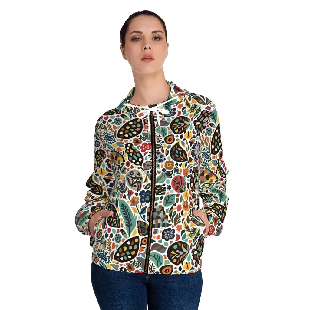 Folk Garden Mosaic on Women's Full-Zip Hoodie — Front On Person