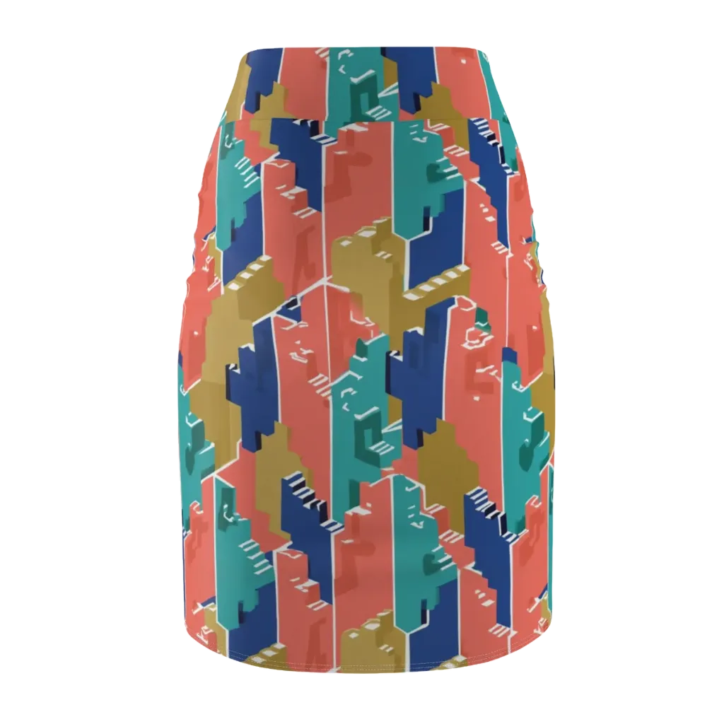 Coral Skyline on Pencil Skirt — Back