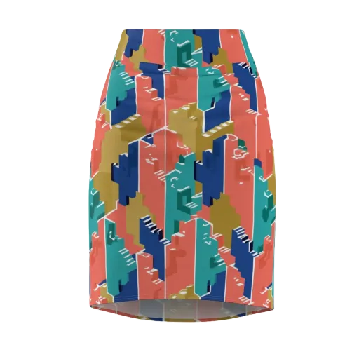 Coral Skyline on a Pencil Skirt