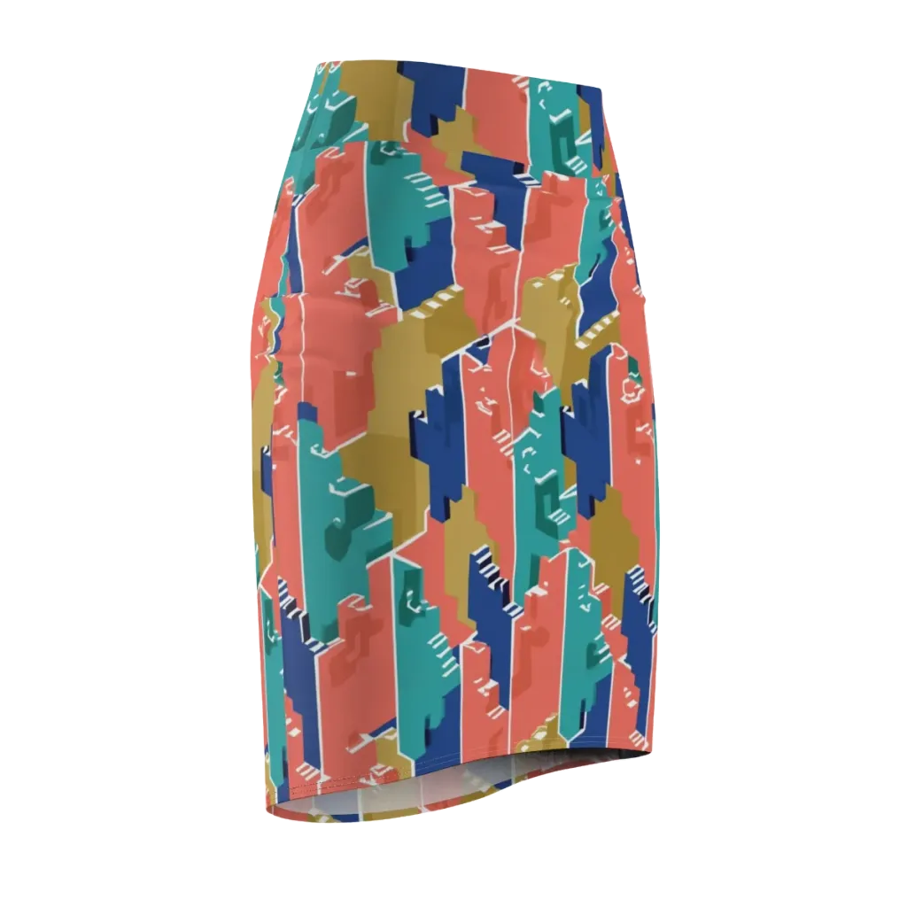 Coral Skyline on Pencil Skirt — Front Side
