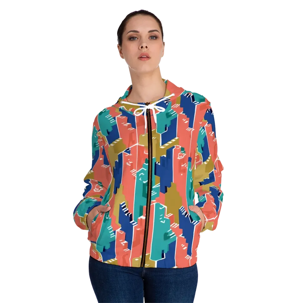 Coral Skyline on Women's Full-Zip Hoodie — Front On Person