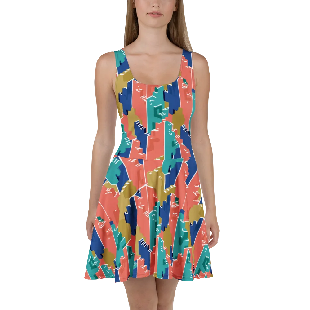 Coral Skyline on Skater Dress — Front