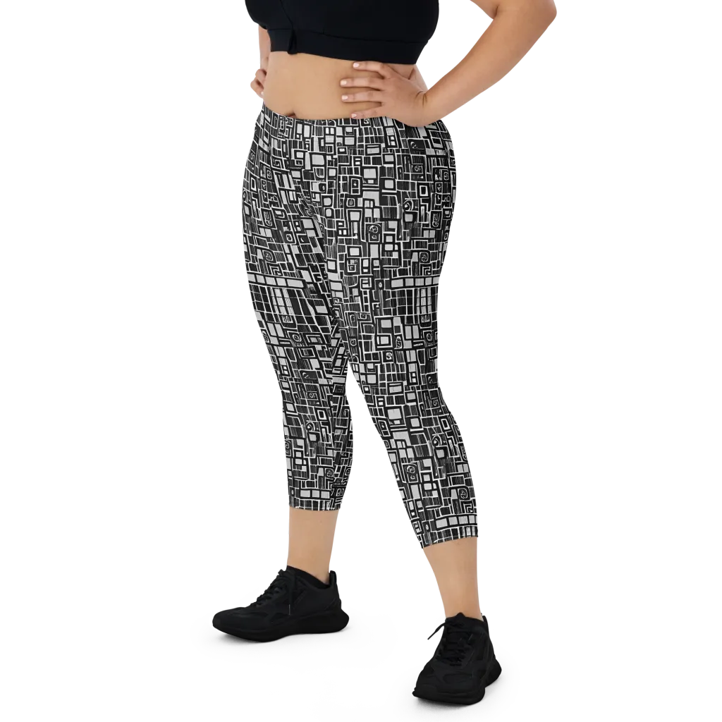 Monochrome Maze on Capri Leggings — Front