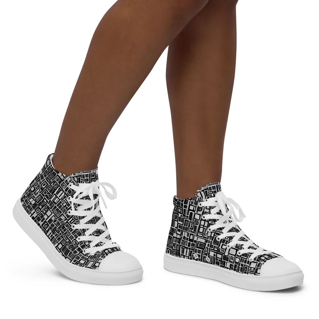 Monochrome Maze on Women's High Top Canvas Shoes — Right