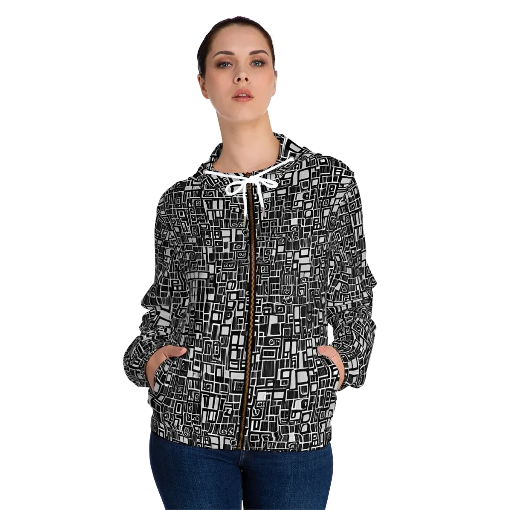 Monochrome Maze on Women's Full-Zip Hoodie — Front On Person