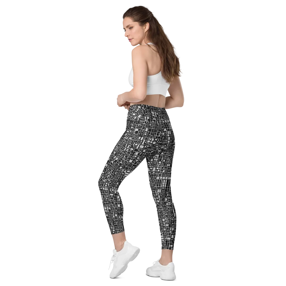 Monochrome Maze on Leggings with Pockets — Left Back