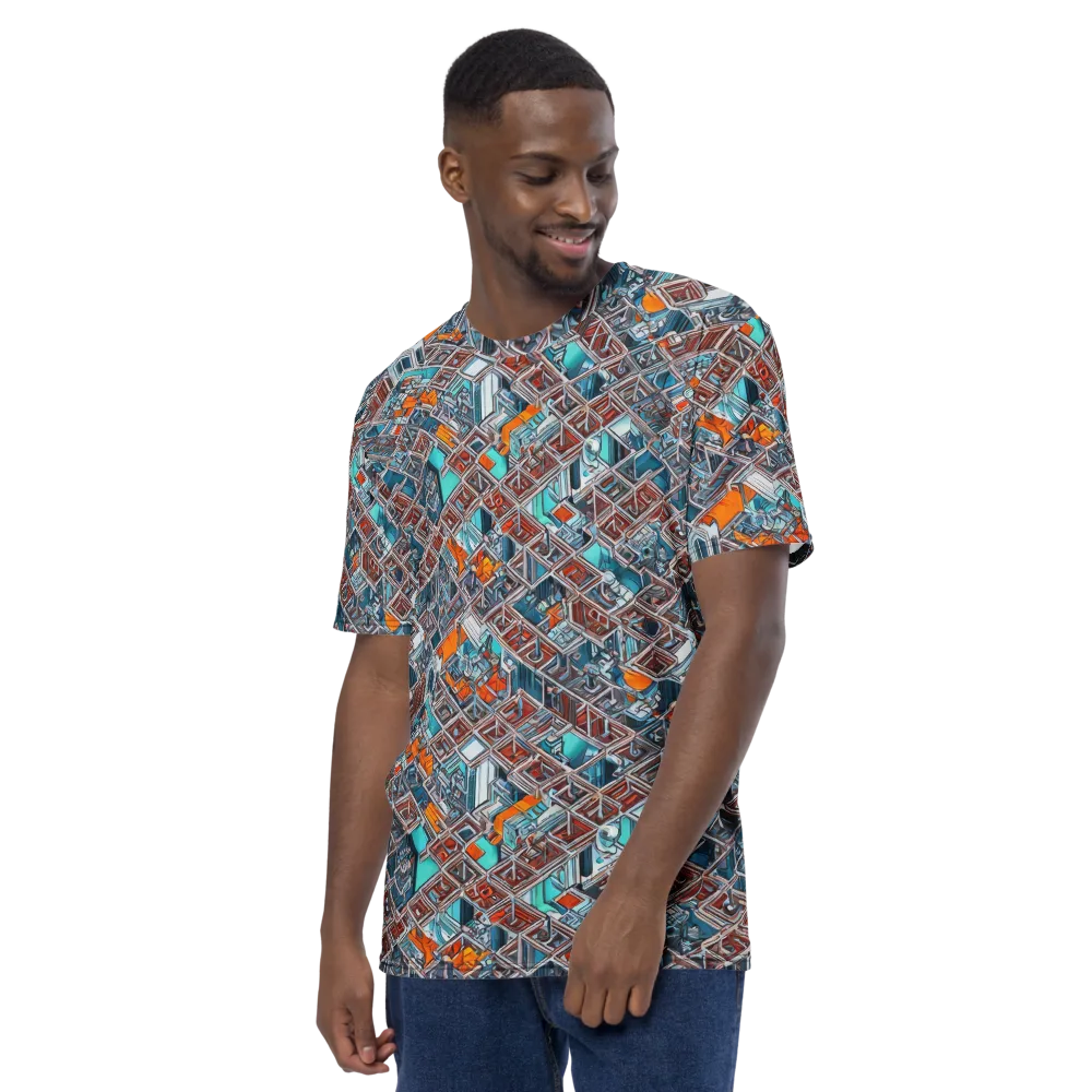 Vermilion Grid on Men's Crew Neck T-Shirt — Left