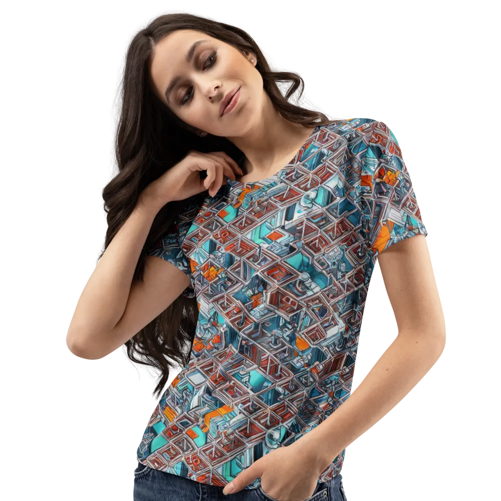 Vermilion Grid on Women's Crew Neck T-Shirt — Left Front