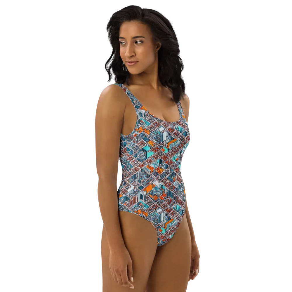 Vermilion Grid on One-Piece Swimsuit — Right