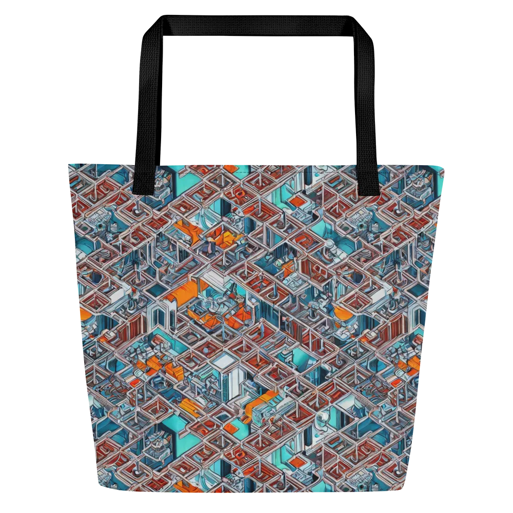 Vermilion Grid on Large Tote Bag W/ Pocket — Front