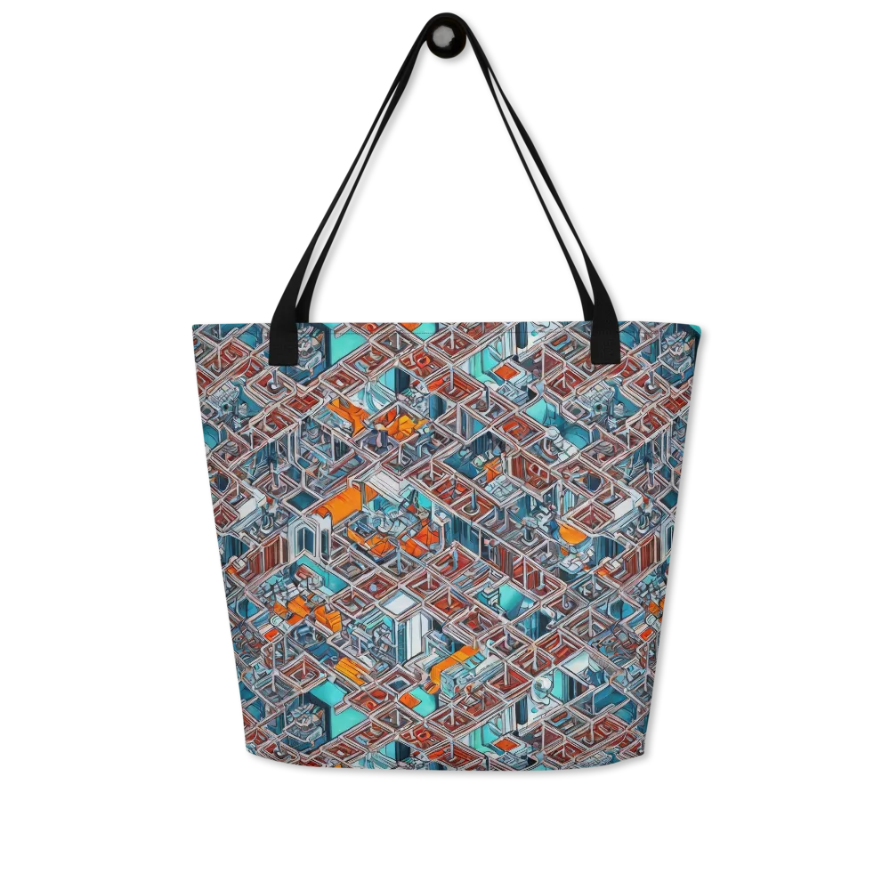 Vermilion Grid on Large Tote Bag W/ Pocket — Front