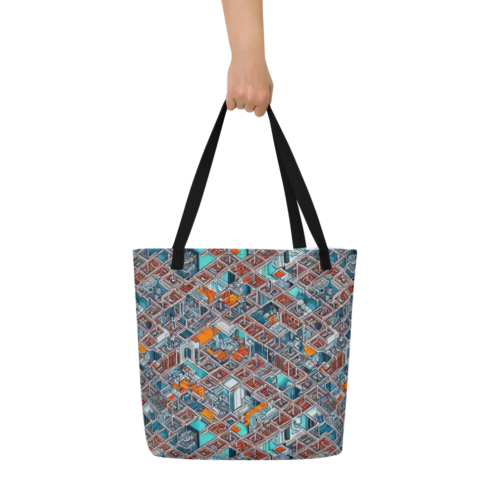 Vermilion Grid on Large Tote Bag W/ Pocket — Front