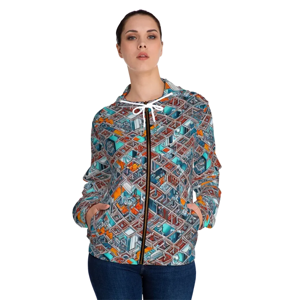 Vermilion Grid on Women's Full-Zip Hoodie — Front On Person