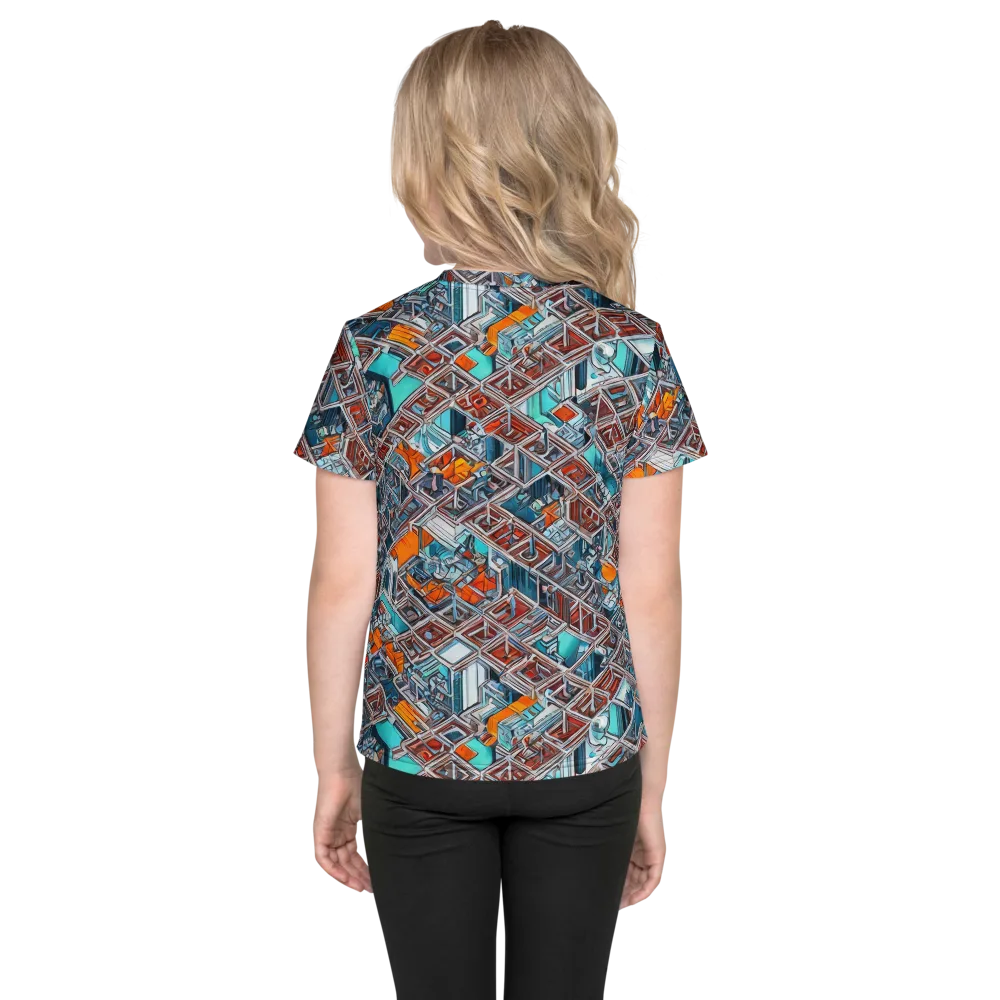 Vermilion Grid on Kids Crew Neck T-Shirt — Back