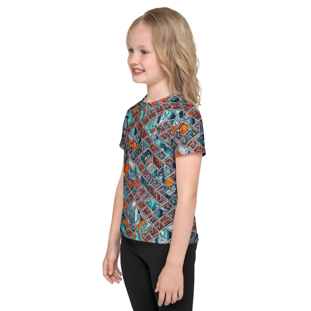 Vermilion Grid on Kids Crew Neck T-Shirt — Left
