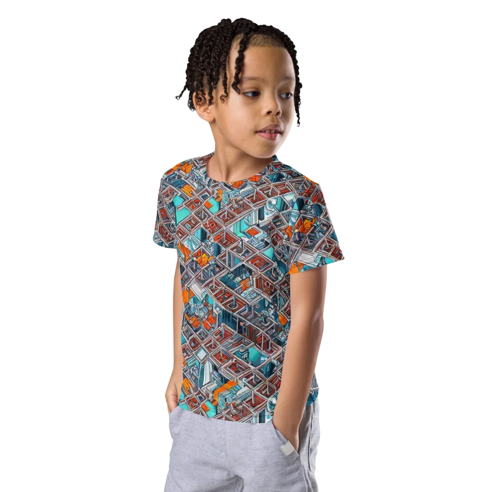 Vermilion Grid on Kids Crew Neck T-Shirt — Left Front