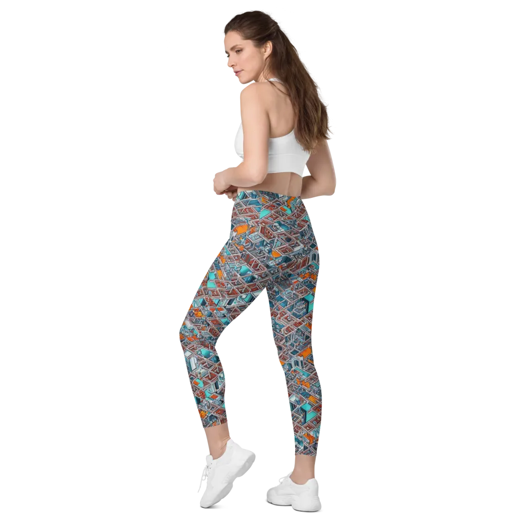 Vermilion Grid on Leggings with Pockets — Left Back