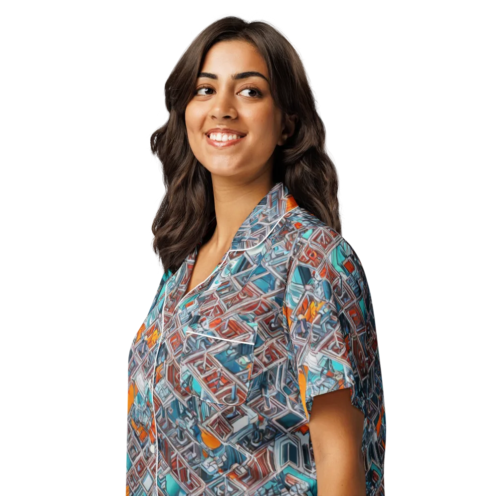 Vermilion Grid on Women's Short Sleeve Pajama Top — Left Front