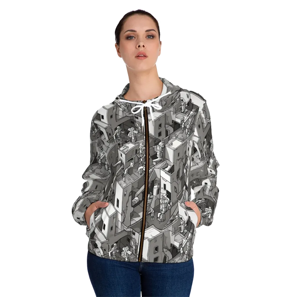 Robot Quarter on Women's Full-Zip Hoodie — Front On Person