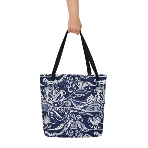 Navy Circus on a Large Tote Bag W/ Pocket