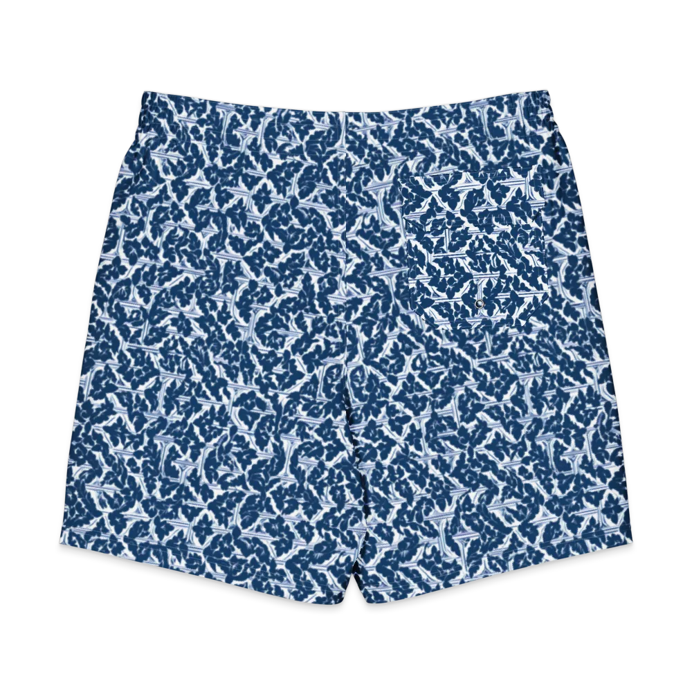 Blue Garden Lattice on Men's Board Shorts — Back