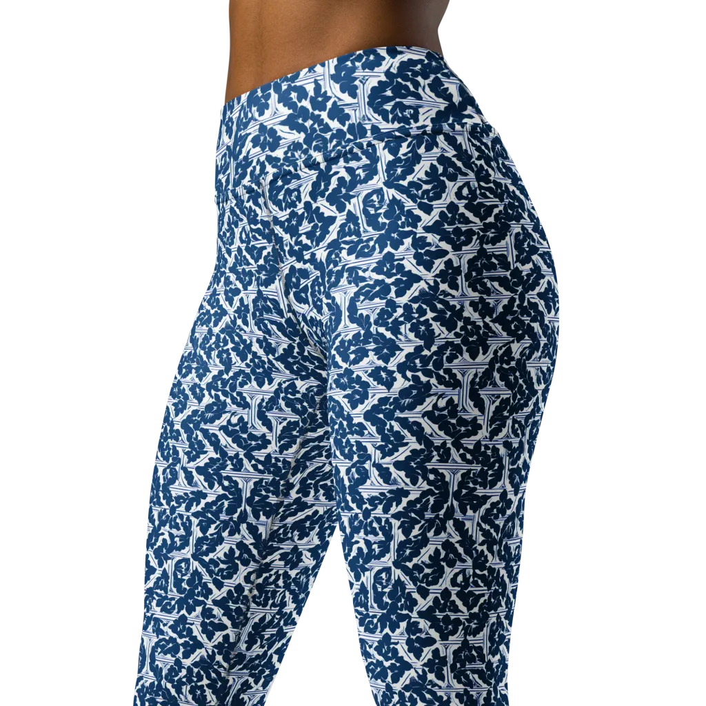 Blue Garden Lattice on Yoga Leggings — Left Front