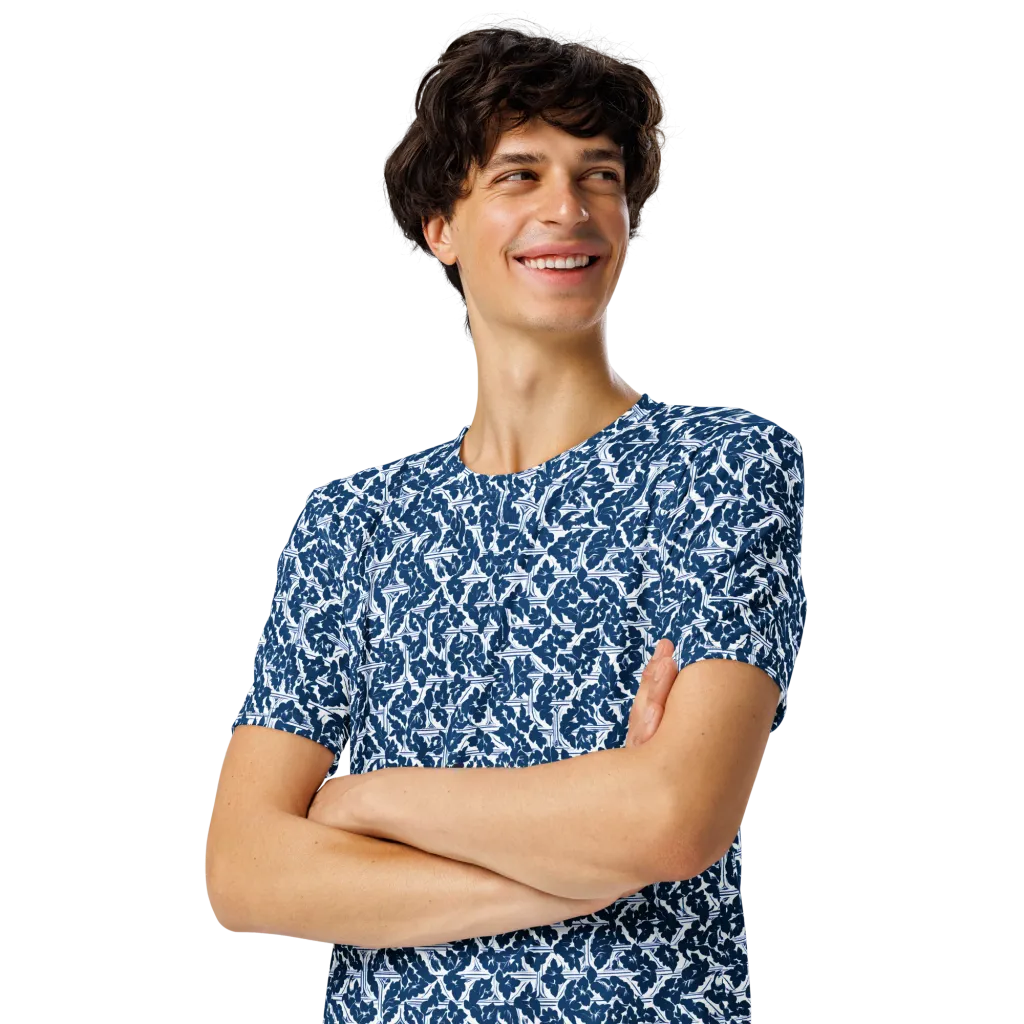 Blue Garden Lattice on Men's Crew Neck T-Shirt — Left Front