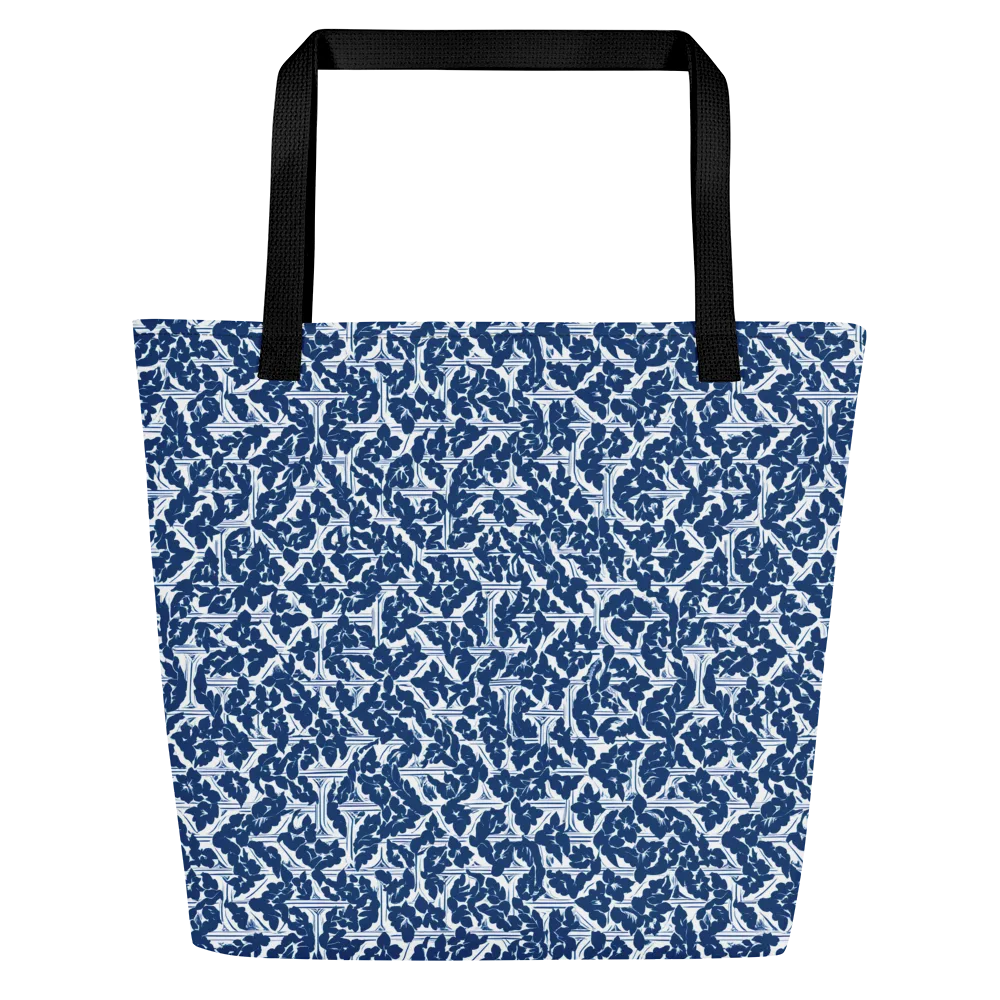Blue Garden Lattice on Large Tote Bag W/ Pocket — Front