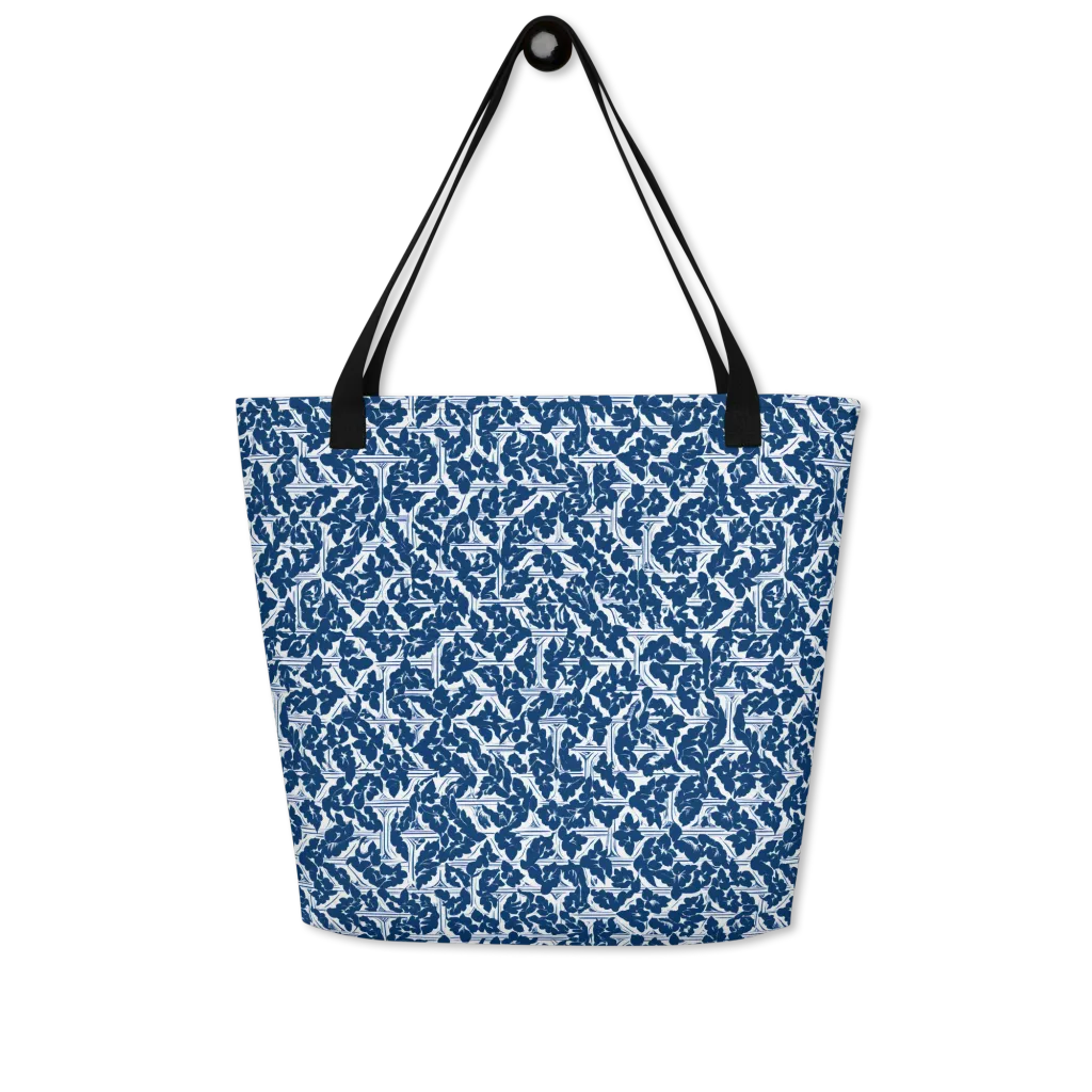 Blue Garden Lattice on Large Tote Bag W/ Pocket — Front