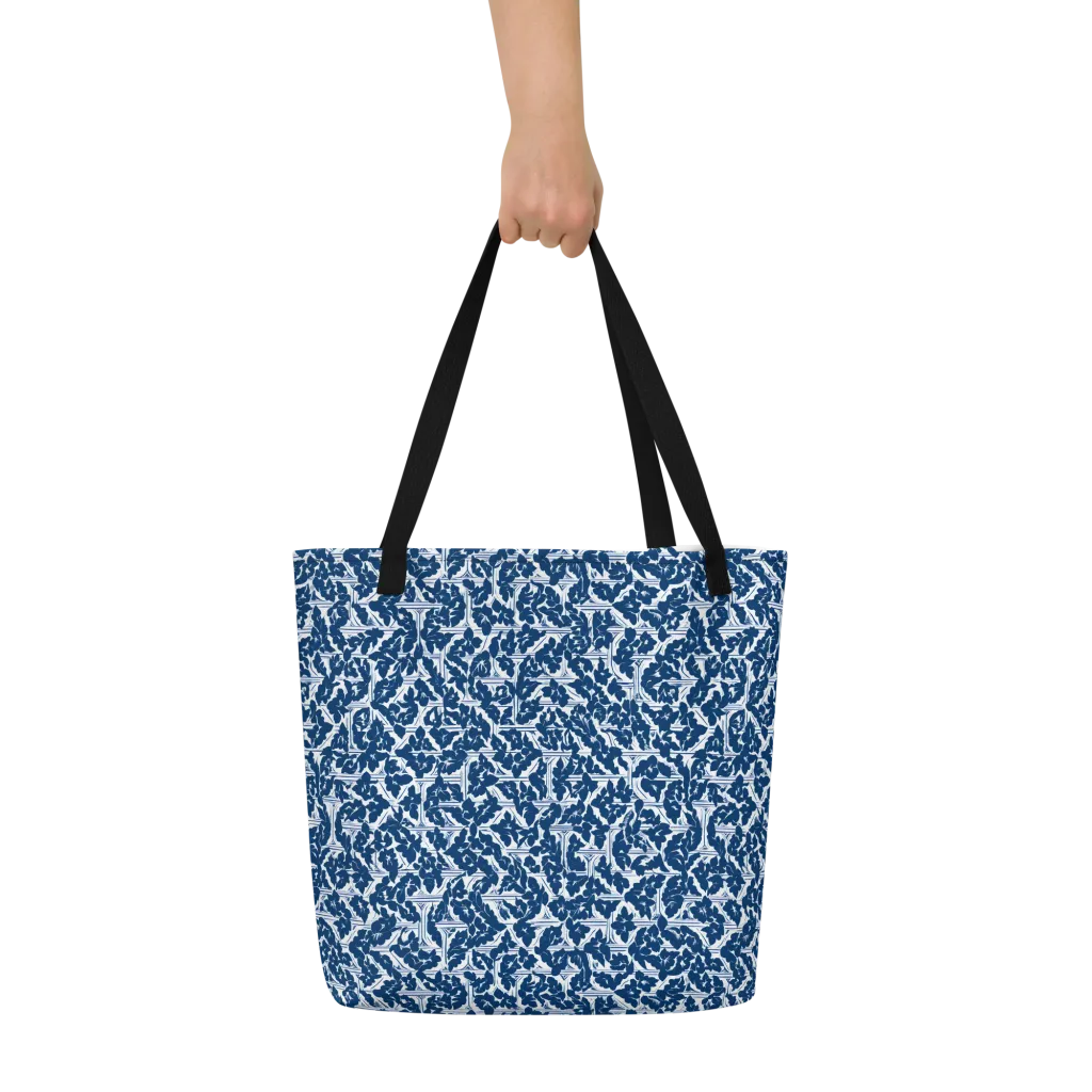 Blue Garden Lattice on Large Tote Bag W/ Pocket — Front