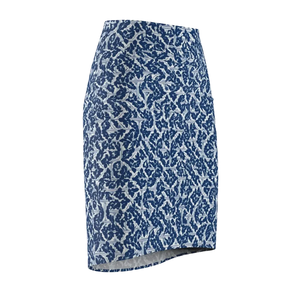 Blue Garden Lattice on Pencil Skirt — Front Side