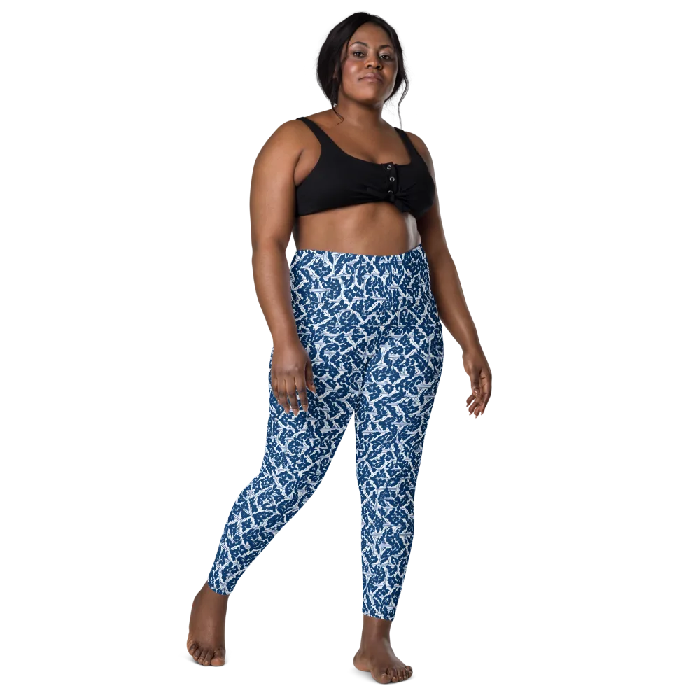 Blue Garden Lattice on Leggings with Pockets — Front
