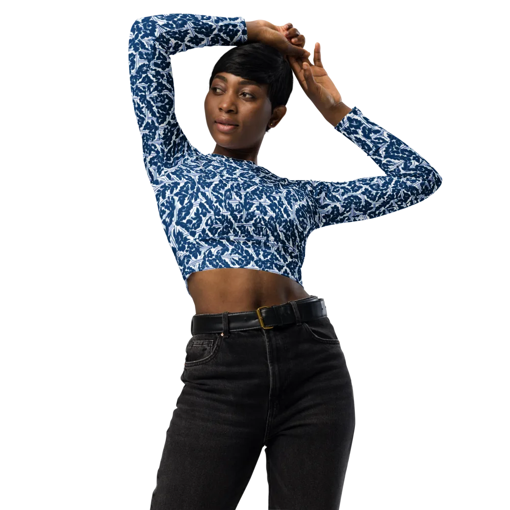 Blue Garden Lattice on Long Sleeve Crop Top — Front